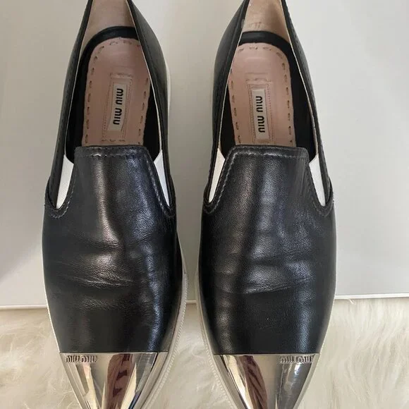 EUC MIU Black Silver Metal CapToe Leather Skate Slip on Sneakers Shoe 37 7 - Picture 7 of 10